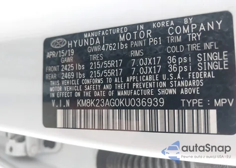 2019 Hyundai Kona Ev Sel from USA, damaged, VIN KM8K23AG0KU036939